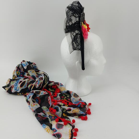 Day of the Dead Sugar Skull Head Band Dia De Los Muertos Scarf Cosplay - Picture 7 of 8